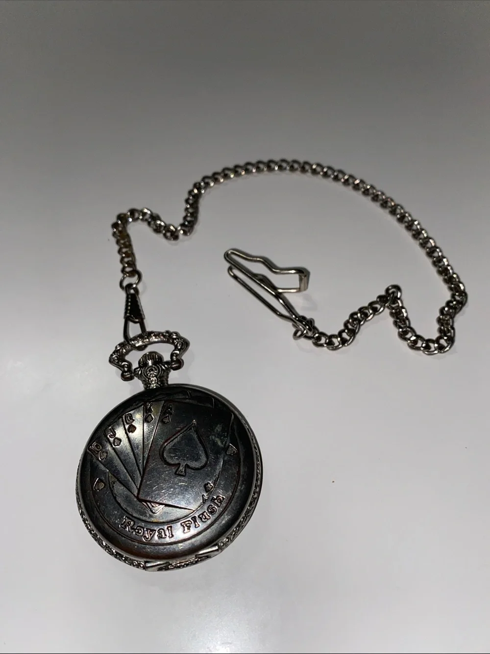 Vintage Royal Flush Silver Pocket Watch with Chain